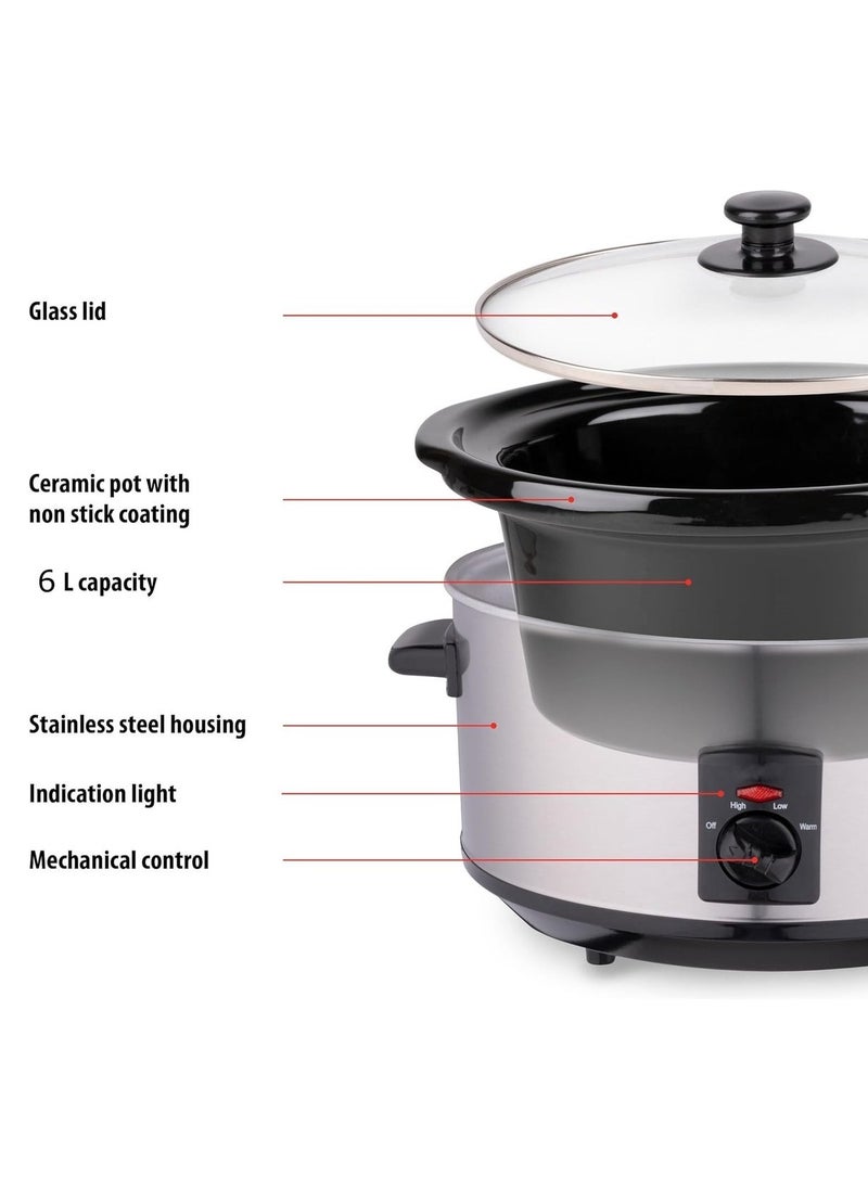 Royalty Line - Slowcooker - 6 Liters - With Removable Ceramic Inner Pan - PFAS Free - 320W - Keep Warm Function - Stainless Steel SLC1013 - Image 1