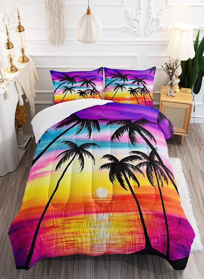 Suncloris Tropical Sunset Palm Tree Comforter Set for Kids and Adults, Queen Size Sea Ocean Sunset Quilt Bedspreads with 2 Silhouette Sunset Pillowcases - 90" x 90" (Queen, Yellow) - Image 1