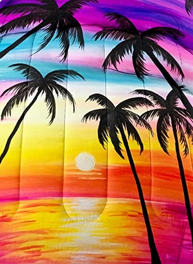 Suncloris Tropical Sunset Palm Tree Comforter Set for Kids and Adults, Queen Size Sea Ocean Sunset Quilt Bedspreads with 2 Silhouette Sunset Pillowcases - 90" x 90" (Queen, Yellow) - Image 3