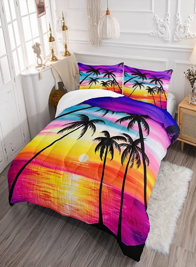 Suncloris Tropical Sunset Palm Tree Comforter Set for Kids and Adults, Queen Size Sea Ocean Sunset Quilt Bedspreads with 2 Silhouette Sunset Pillowcases - 90" x 90" (Queen, Yellow) - Image 2