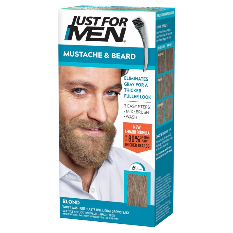 Just For Men Mustache & Beard, Beard Dye for Men with Brush Included, With Keratin Biotin Aloe and Coconut Oil for Healthy Facial Hair - Blond, M-10/15, Pack of 1 (Packaging May Vary) - Image 1