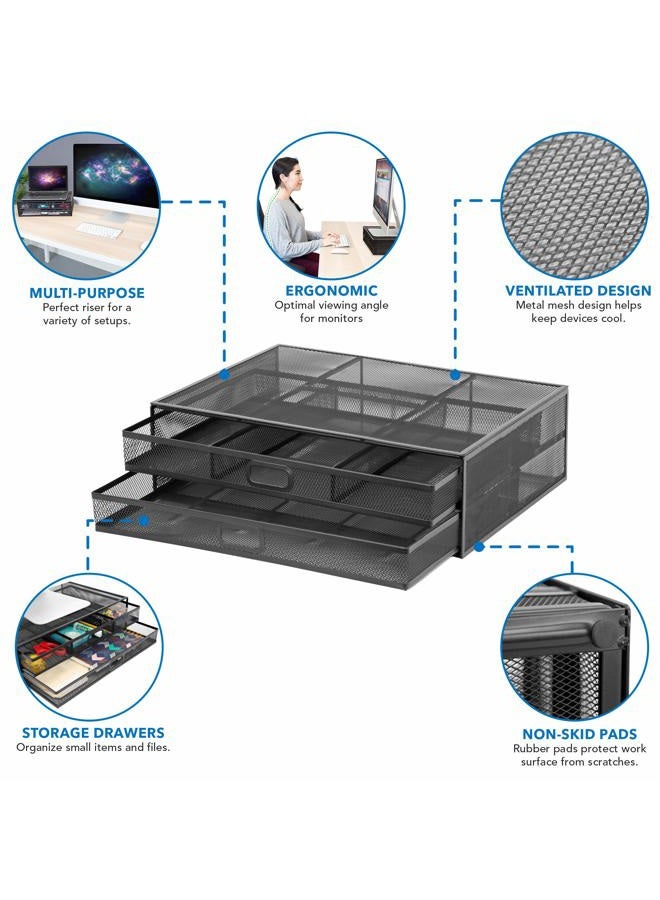 Mount-It! Computer Monitor Stand With Drawers, Metal Mesh Riser and Organizer for Laptops and Computer Screens, Laptop, and Printer Accessories and Office Supplies (Black) - Image 5