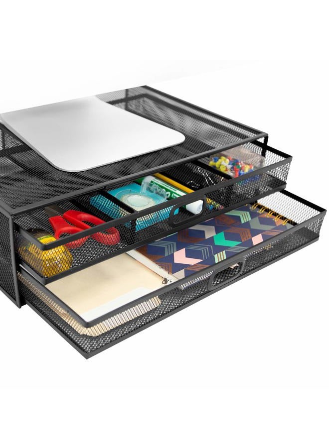 Mount-It! Computer Monitor Stand With Drawers, Metal Mesh Riser and Organizer for Laptops and Computer Screens, Laptop, and Printer Accessories and Office Supplies (Black) - Image 1