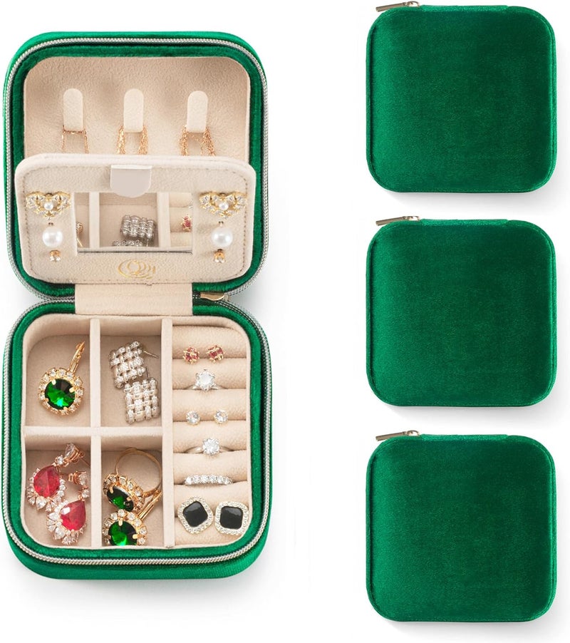 ZPROW Plush Velvet Travel Jewelry Case, Organizer, Box, Small Case for Women, Earring Organizer with Mirror, Best Gifts For Daughter, Girlfriend, Mom | Gifts For Her | Emerald Green 3packs - Image 1