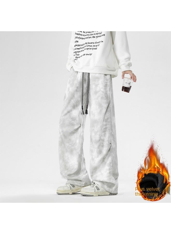 Casual Pants Winter Style American Tie-dye Dirty Pants Men's Kukri Vibe Design Fleece Wide-leg Straight-leg Loose - Image 1