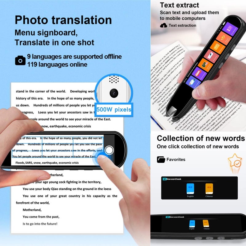 EVCRIERH Translation Pen Scan Reader Pen Text to Speech Device Language Translator Device Support 134 Languages OCR Reader Pen,Photo and Text & Voice Translation Device,Reading Pen (Black) - Image 3