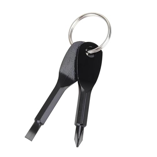 Kruvad Stainless Steel Mini Slotted Screwdriver Key Shape Keychain Pocket Repair Tool EDC Outdoor Multifunction KeyChain Silver Ring Black Phillips Cross Tool Keychain Easy To Carry [ 7x1x1 CM ] - Image 1