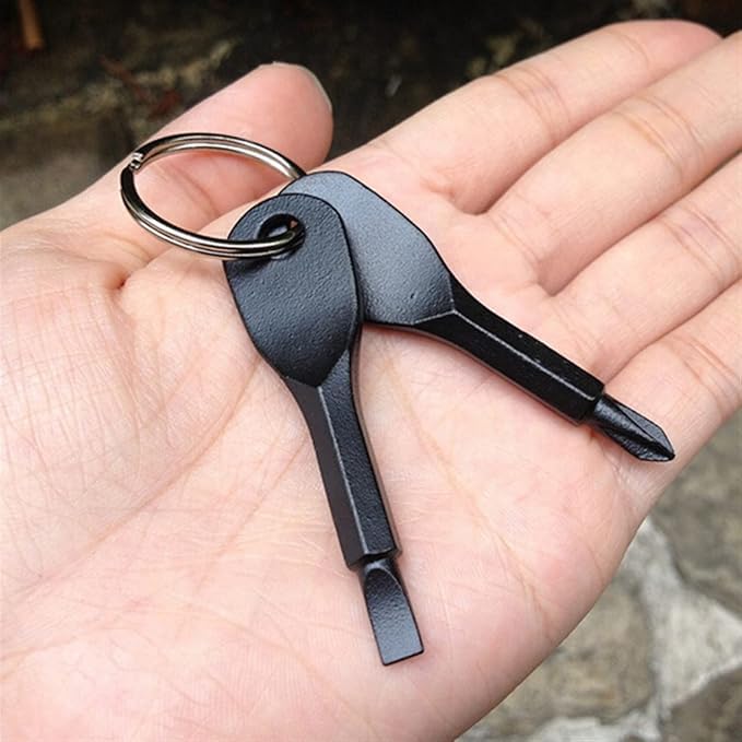 Kruvad Stainless Steel Mini Slotted Screwdriver Key Shape Keychain Pocket Repair Tool EDC Outdoor Multifunction KeyChain Silver Ring Black Phillips Cross Tool Keychain Easy To Carry [ 7x1x1 CM ] - Image 4