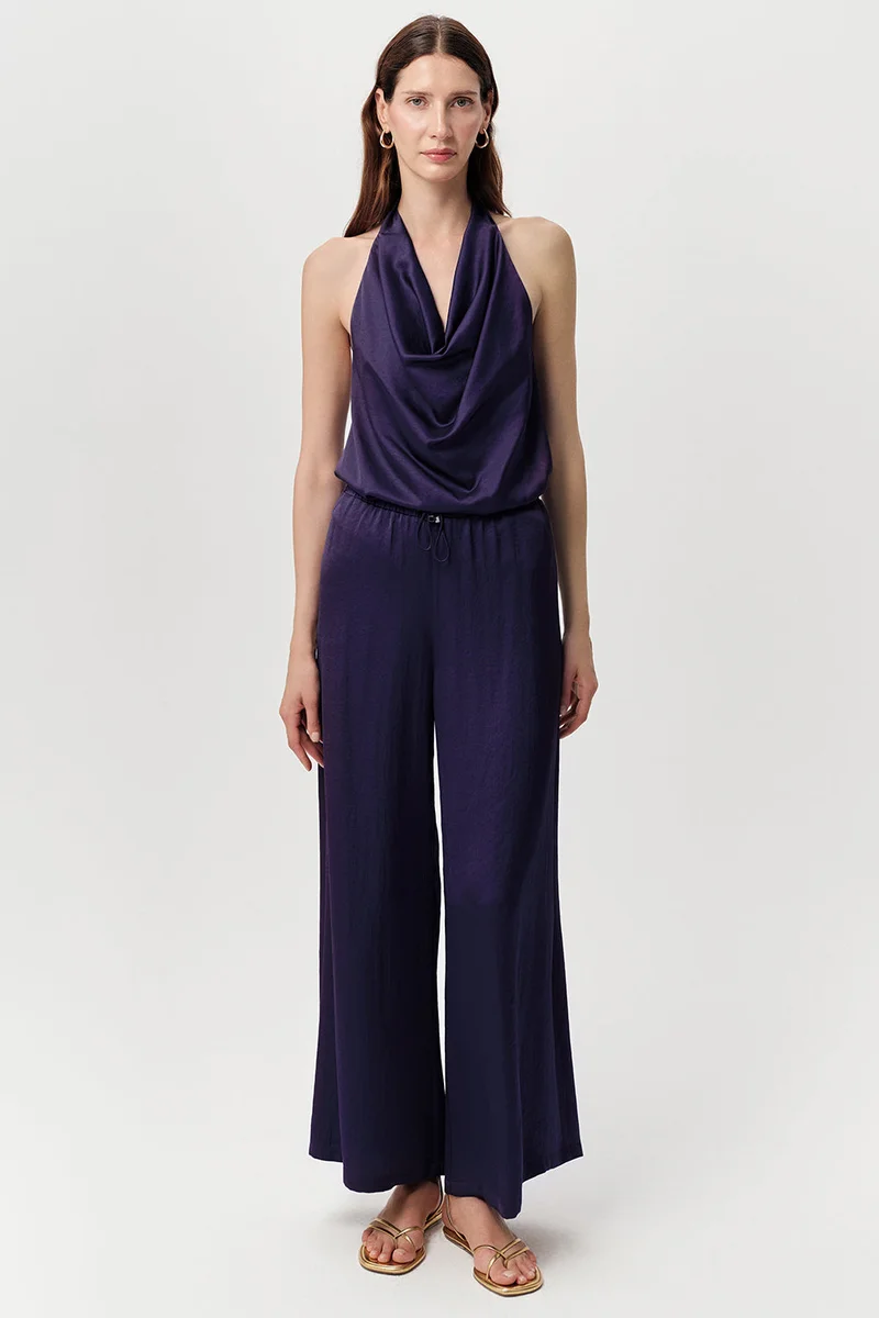 EXQUISE Wide-leg, satin-look, regular navy trousers with drawstring waist.