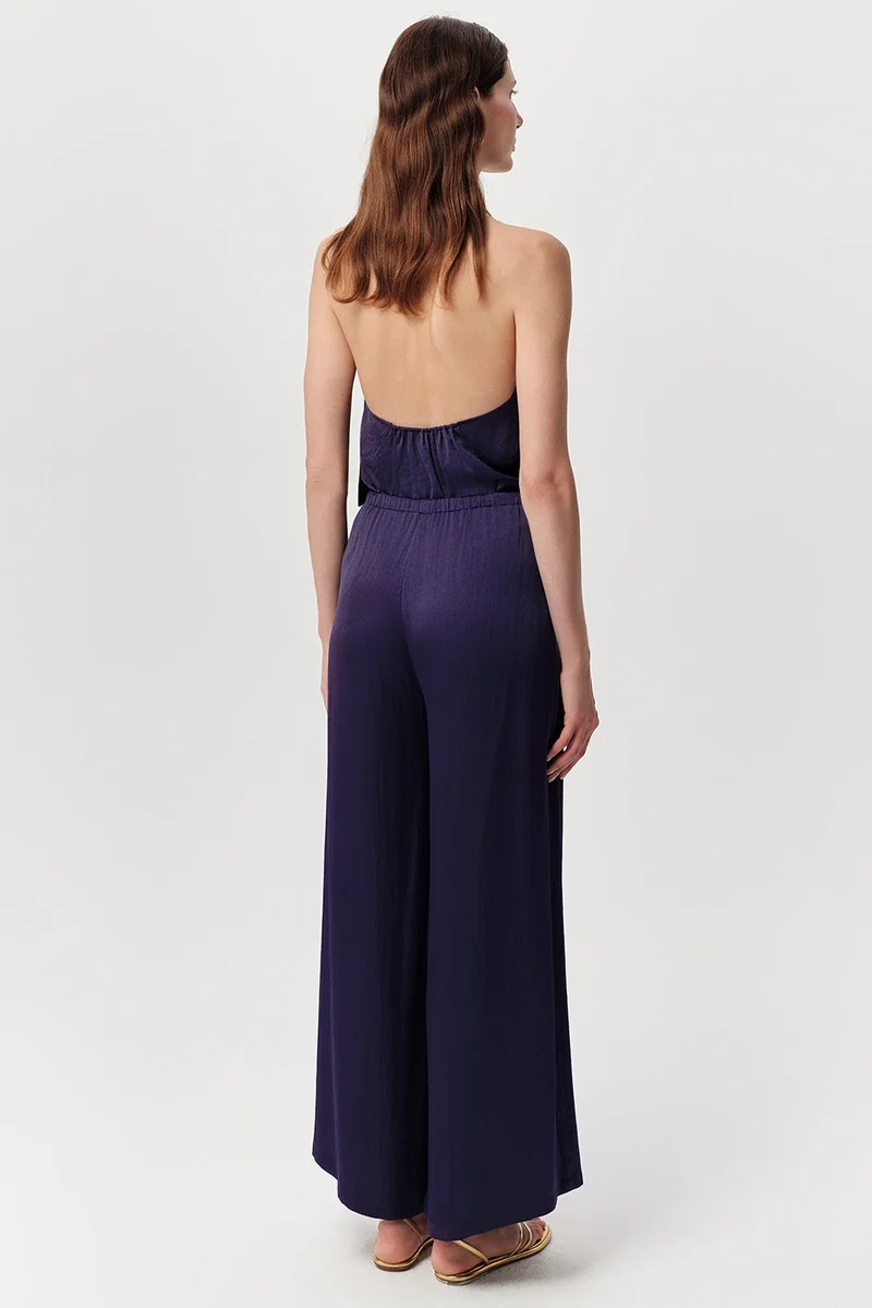 EXQUISE Wide-leg, satin-look, regular navy trousers with drawstring waist.