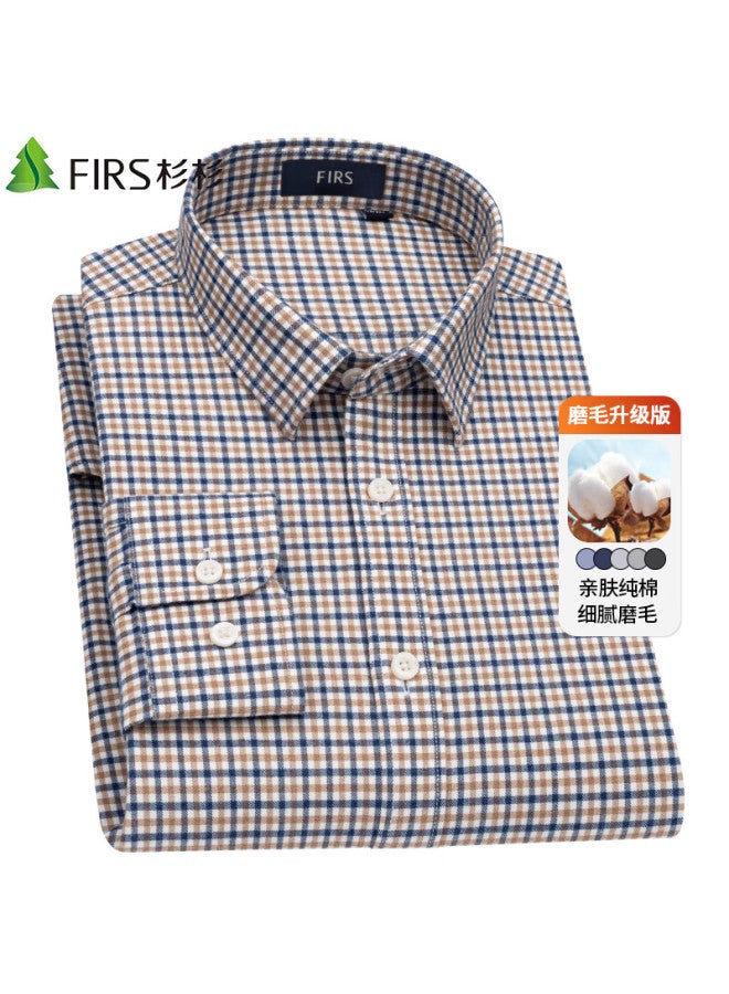Firs Men's Pure Cotton Long-sleeve Shirt, New Casual Business Easy-care Dress Shirt, Brown Plaid, Size 38
