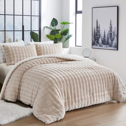 Bedbay Faux Fur Beige Bedding Comforter Set 3 Pieces Fuzzy Plush Comforter Set King Size Luxury Faux Rabbit Fur Bubble Bedding Soft Warm Shaggy Velvet Reversible Duvet Set for Girls Teen Adults - Image 1