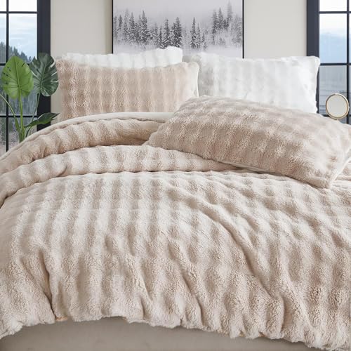 Bedbay Faux Fur Beige Bedding Comforter Set 3 Pieces Fuzzy Plush Comforter Set King Size Luxury Faux Rabbit Fur Bubble Bedding Soft Warm Shaggy Velvet Reversible Duvet Set for Girls Teen Adults - Image 2