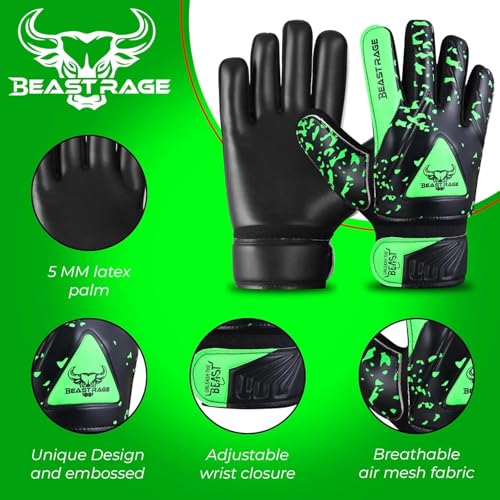 BEAST RAGE Kids Goalkeeper Gloves - Youth Soccer & Football Gloves (Green, Size 4 for 6-9 Year Kids) - Image 2