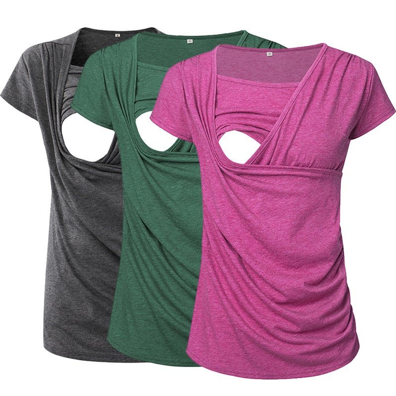Ecavus 3PCS Women's Maternity Nursing Tops for Breastfeeding Short Sleeve Side Ruched Nursing Shirts - Image 1