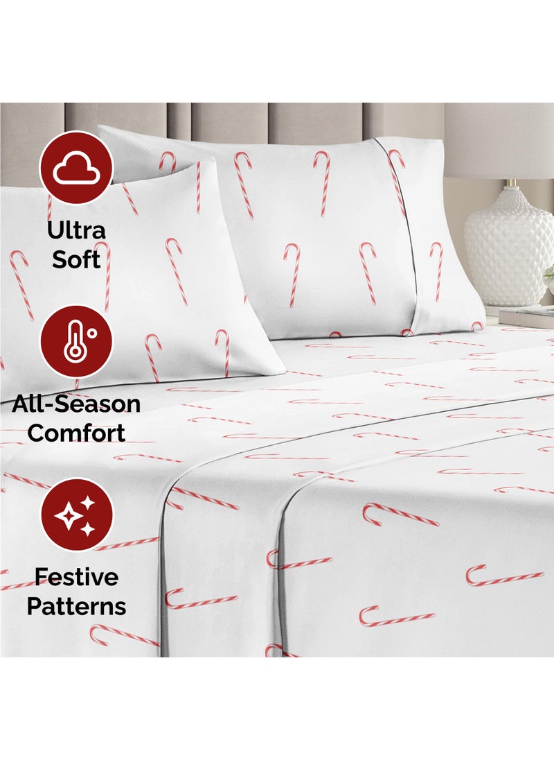 Cal King Christmas Candy Canes Sheet Set - Holiday Xmas Pattern Linen Set - Deep Pockets - Snug Fit - 4 Piece - Wrinkle Free - Comfy & Cooling Bedding - Easy To Care For - Kid Friendly - by CGK Linens