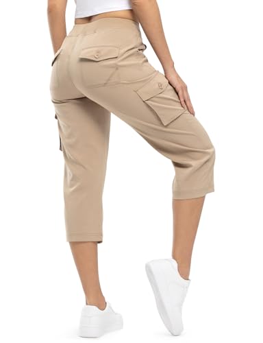 TBMPOY Womens Cargo Capris Hiking Lightweight Pants 6 Pockets Quick Dry Casual Outdoor Trip Loose Shorts Cropped Cotton Khaki L - Image 1