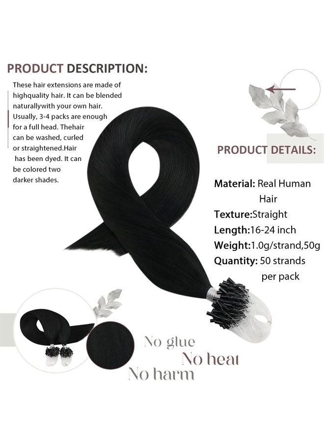Moresoo Microlink Hair Extensions Human Hair Black Micro Beads Hair Extensions Human Hair Micro Link Hair Extnsions 20 Inch Microbead Hair Extnsions Black #1 50G/50S - Image 5