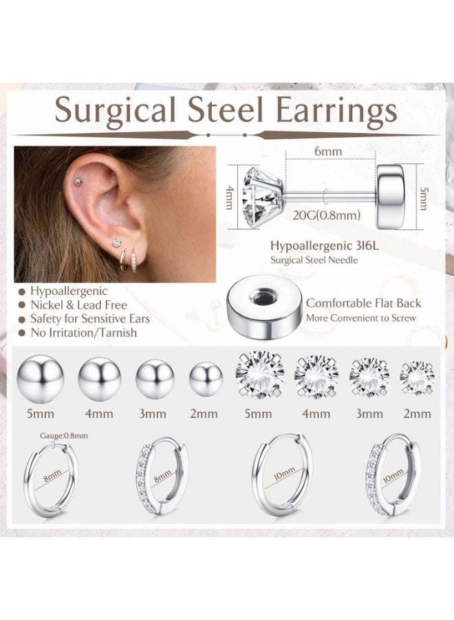 JUMEI 12 Pairs Hypoallergenic Stud & Hoop Earrings Set, Sterling Silver Post Earrings for Women & Girls, Sensitive Ears, Silver - Image 5