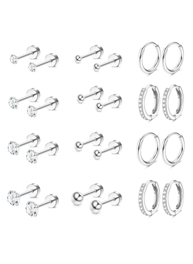JUMEI 12 Pairs Hypoallergenic Stud & Hoop Earrings Set, Sterling Silver Post Earrings for Women & Girls, Sensitive Ears, Silver - Image 1