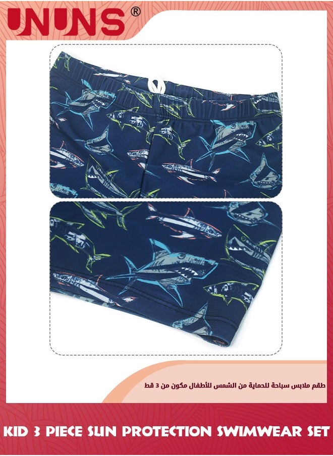 UNUNS Kid Boys Guard Swimsuit,UPF 50+ Swim Bathing Suit 3 Piece Sun Protection Swimwear Set,Short Sleeves Guard Swimsuit Swimwear,Swimming Cap,Beach Shorts,Quick-Drying Swimming Set,Navy Blue Shark  - Image 3