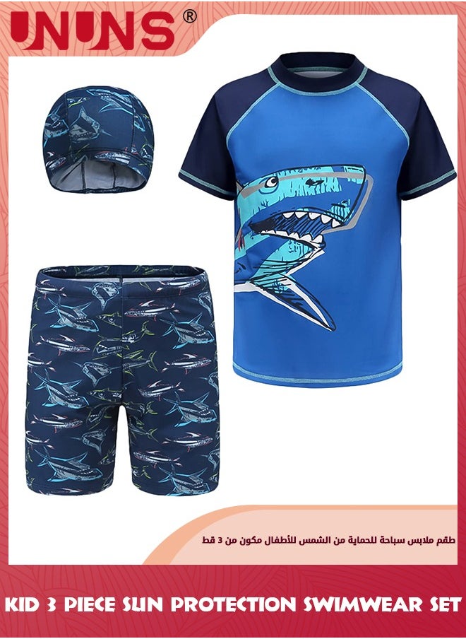 UNUNS Kid Boys Guard Swimsuit,UPF 50+ Swim Bathing Suit 3 Piece Sun Protection Swimwear Set,Short Sleeves Guard Swimsuit Swimwear,Swimming Cap,Beach Shorts,Quick-Drying Swimming Set,Navy Blue Shark  - Image 1