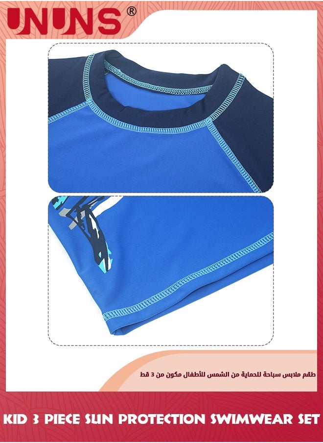 UNUNS Kid Boys Guard Swimsuit,UPF 50+ Swim Bathing Suit 3 Piece Sun Protection Swimwear Set,Short Sleeves Guard Swimsuit Swimwear,Swimming Cap,Beach Shorts,Quick-Drying Swimming Set,Navy Blue Shark  - Image 2