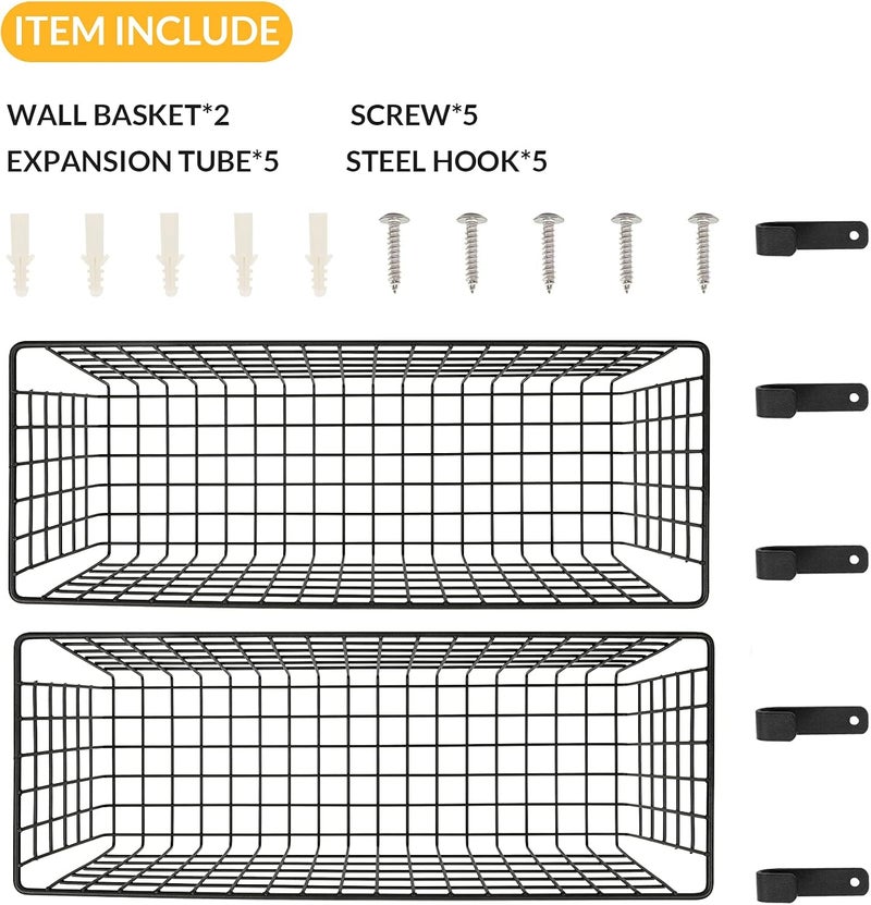 KINLINK 2 Sets Extra Large Hanging Wall Basket, Black Metal Wire Baskets with Steel Hooks for Organizing, WallmountedFruit Vegetable Toy Snack Storage, Home Kitchen Bathroom Laundry Pantry Organizer - Image 4