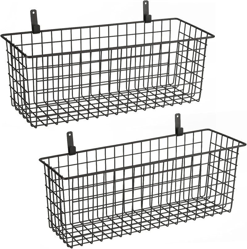 KINLINK 2 Sets Extra Large Hanging Wall Basket, Black Metal Wire Baskets with Steel Hooks for Organizing, WallmountedFruit Vegetable Toy Snack Storage, Home Kitchen Bathroom Laundry Pantry Organizer - Image 1