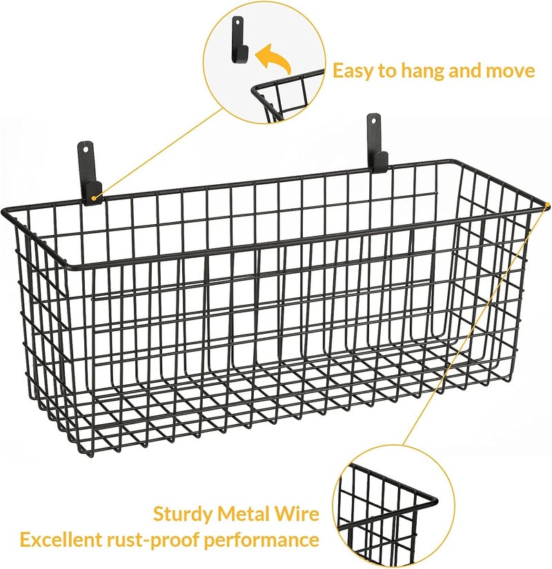 KINLINK 2 Sets Extra Large Hanging Wall Basket, Black Metal Wire Baskets with Steel Hooks for Organizing, WallmountedFruit Vegetable Toy Snack Storage, Home Kitchen Bathroom Laundry Pantry Organizer - Image 3