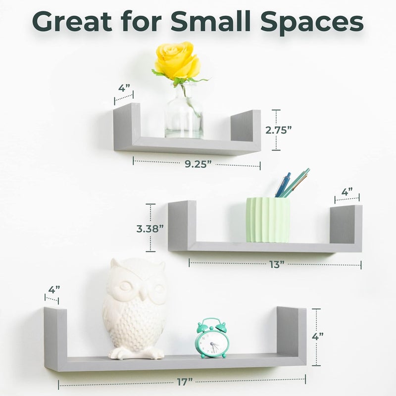 Greenco Set of 3 Floating “U” Shelves, Easy-to-Assemble Floating Wall Mount Shelves for Bedrooms and Living Rooms, Grey Finish - Image 3