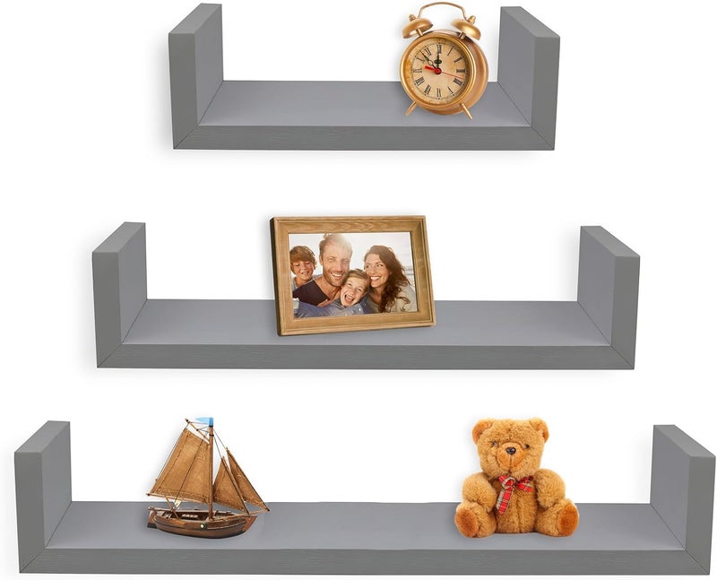 Greenco Set of 3 Floating “U” Shelves, Easy-to-Assemble Floating Wall Mount Shelves for Bedrooms and Living Rooms, Grey Finish - Image 1