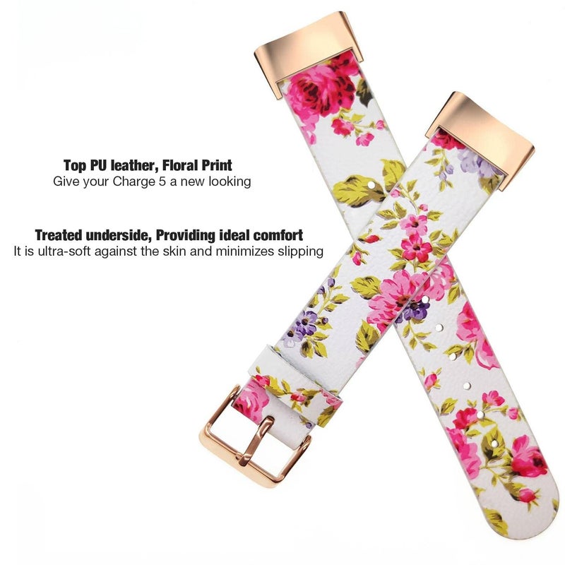 Abanen Leather Bands for Fitbit Charge 5, Floral Print Soft Leather Women Wristband Strap with Stainless Steel Quick Release Compatible with Fitbit Charge 5 (White) - Image 2