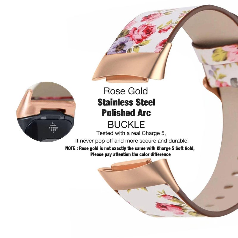 Abanen Leather Bands for Fitbit Charge 5, Floral Print Soft Leather Women Wristband Strap with Stainless Steel Quick Release Compatible with Fitbit Charge 5 (White) - Image 3