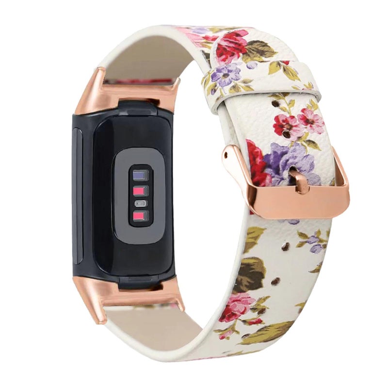 Abanen Leather Bands for Fitbit Charge 5, Floral Print Soft Leather Women Wristband Strap with Stainless Steel Quick Release Compatible with Fitbit Charge 5 (White) - Image 1