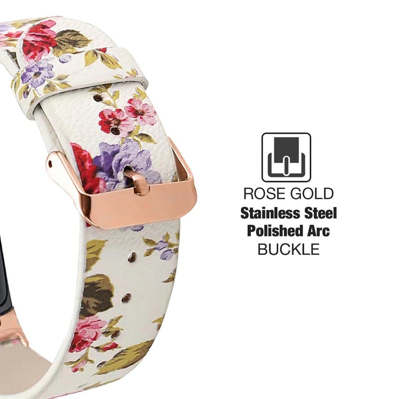 Abanen Leather Bands for Fitbit Charge 5, Floral Print Soft Leather Women Wristband Strap with Stainless Steel Quick Release Compatible with Fitbit Charge 5 (White) - Image 4