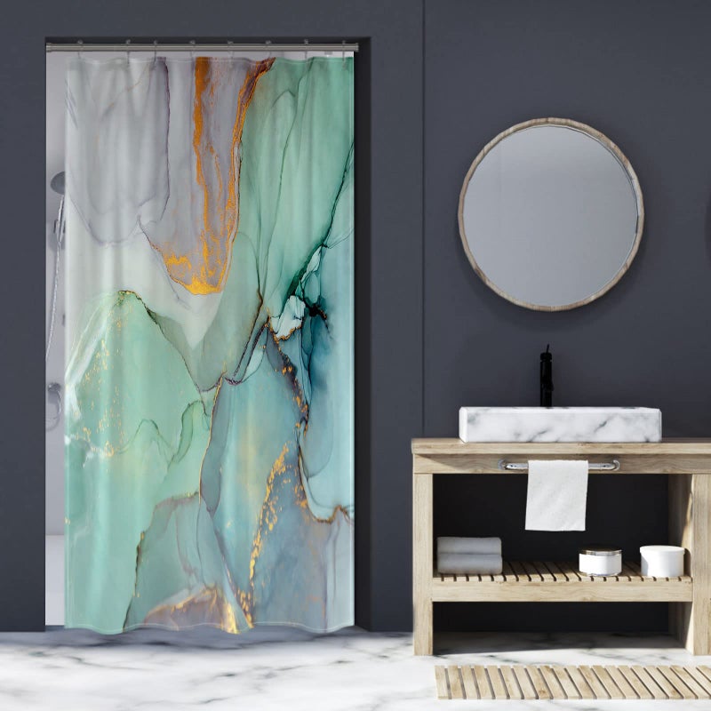 Gibelle Small Stall 36 x 72 Narrow Half Abstract Marble Blue Green Purple Jade Texture Gold Stripes Ombre Ink Art Decor Waterproof Fabric Shower Curtains for Bathroom