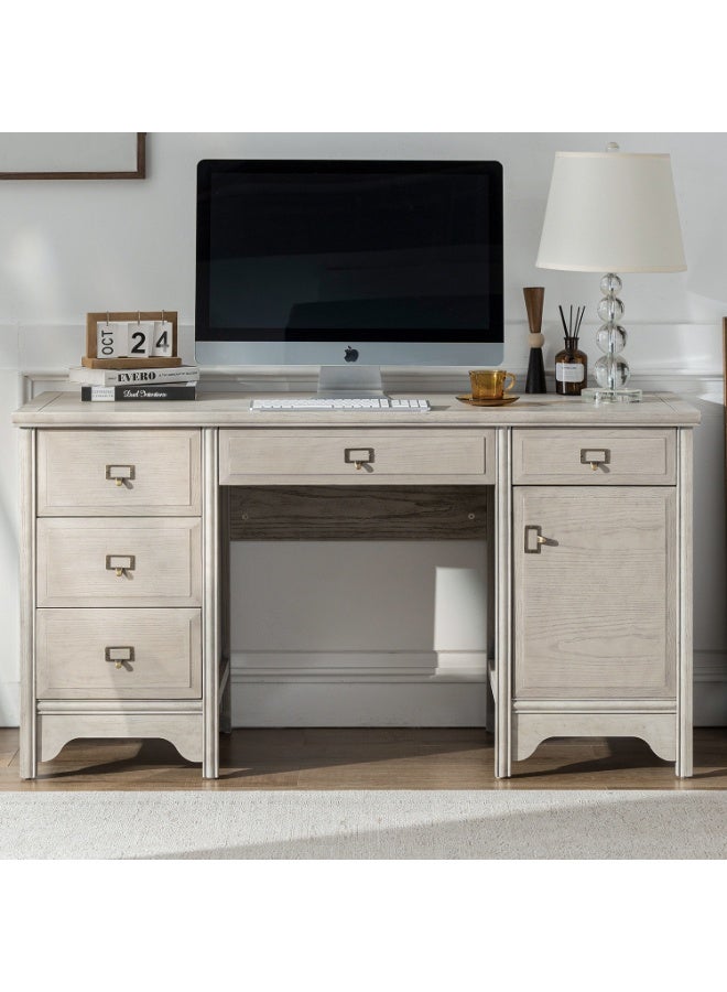DOOHWAN 55" Solid Wood Executive Desk, Farmhouse Office Computer Desk with 5 Drawers & Storage Cabinet, Wooden Writing Table for Home Office Study Bedroom - Image 1