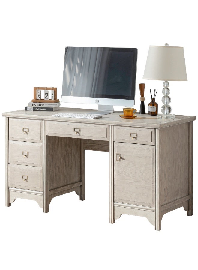 DOOHWAN 55" Solid Wood Executive Desk, Farmhouse Office Computer Desk with 5 Drawers & Storage Cabinet, Wooden Writing Table for Home Office Study Bedroom - Image 3