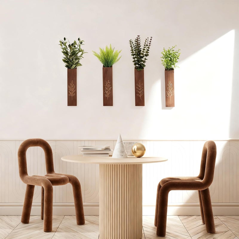 Meltset M 4-Pack Wooden Wall Vases, Slim Pine Wall Planters with 4 Faux Greenery Stems, Adhesive Hooks & Screws, Modern Farmhouse Wall Decor for Living Room, Bedroom, Bathroom (Dark Brown) - Image 5