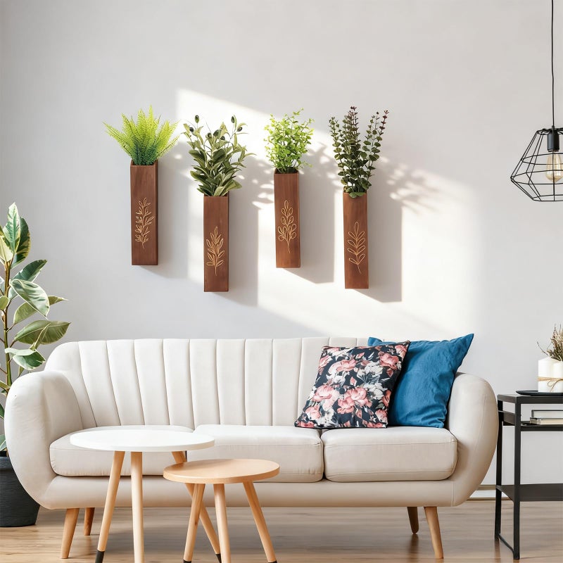 Meltset M 4-Pack Wooden Wall Vases, Slim Pine Wall Planters with 4 Faux Greenery Stems, Adhesive Hooks & Screws, Modern Farmhouse Wall Decor for Living Room, Bedroom, Bathroom (Dark Brown) - Image 4