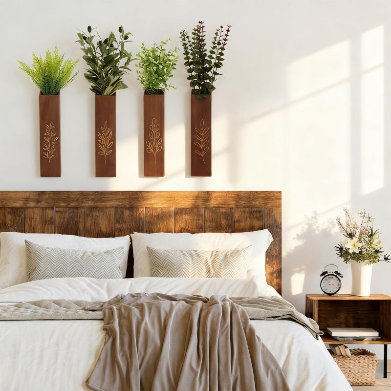 Meltset M 4-Pack Wooden Wall Vases, Slim Pine Wall Planters with 4 Faux Greenery Stems, Adhesive Hooks & Screws, Modern Farmhouse Wall Decor for Living Room, Bedroom, Bathroom (Dark Brown) - Image 2