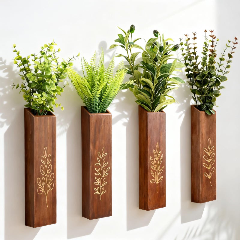 Meltset M 4-Pack Wooden Wall Vases, Slim Pine Wall Planters with 4 Faux Greenery Stems, Adhesive Hooks & Screws, Modern Farmhouse Wall Decor for Living Room, Bedroom, Bathroom (Dark Brown) - Image 1