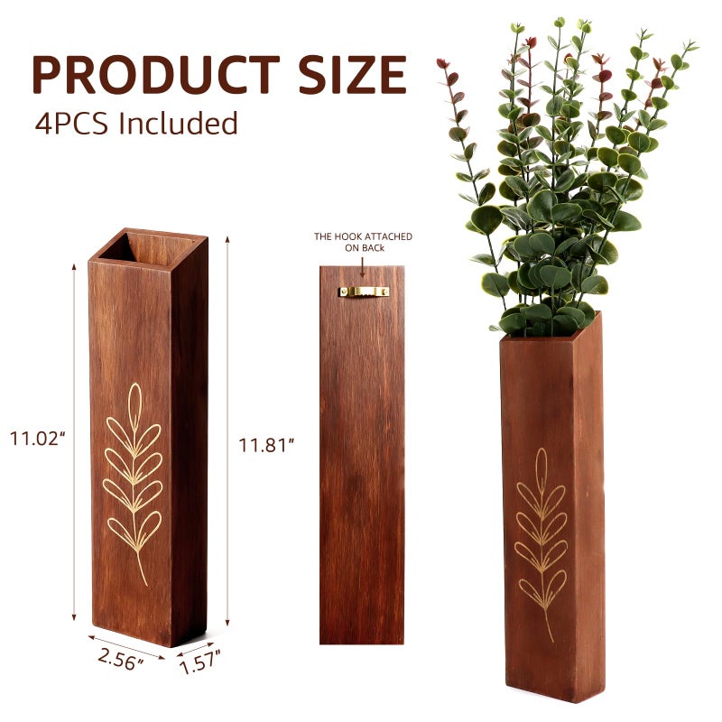 Meltset M 4-Pack Wooden Wall Vases, Slim Pine Wall Planters with 4 Faux Greenery Stems, Adhesive Hooks & Screws, Modern Farmhouse Wall Decor for Living Room, Bedroom, Bathroom (Dark Brown) - Image 3