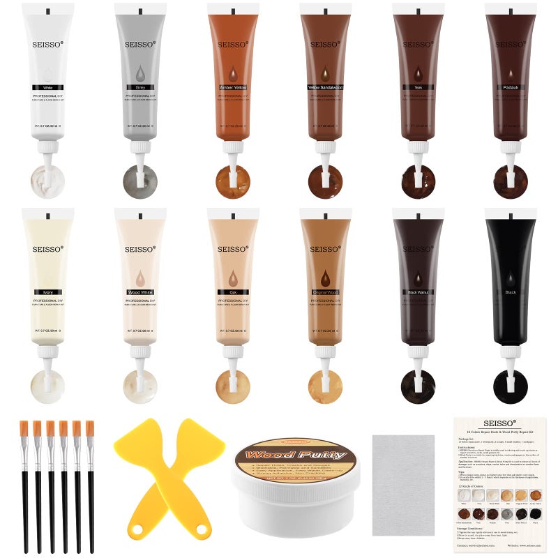 SEISSO Wood Furniture Repair Kit Wood Putty Repair Fillers Hardwood Laminate Floor Repair Kit Restore Any Holes Scratches Cracks Gouges for Wooden Floors Cabinet Cherry Walnut