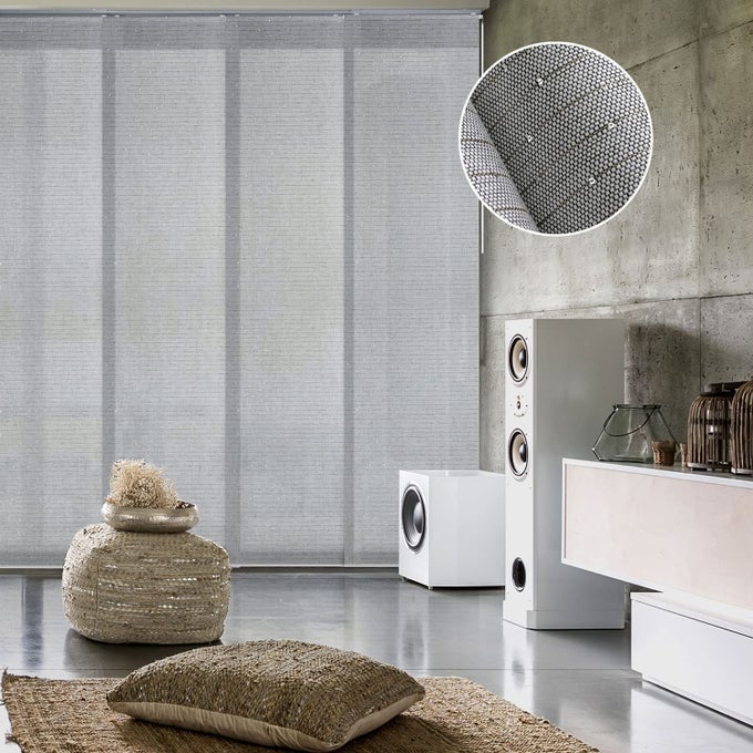 ADJUSTABLE VERTICAL BLINDS FOR SLIDING DOORS EXTENDABLE TRACK FROM 458 TO 86 W TRIMMABLE PANEL CURTAINS UP TO 96 SEMISHEER PANELS WITH SHIMMERING SEQUINS DIAMOND SILVER