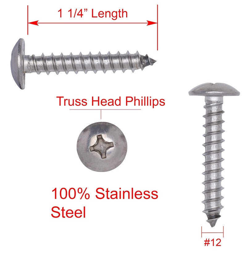 Bolt Dropper No. 12 x 1-1/4" Stainless Truss Head Phillips Wood Screw, (25 pc), 18-8 (304) Stainless Steel Sheet Metal Screws, Type A Point, Plain Finish by - Image 2