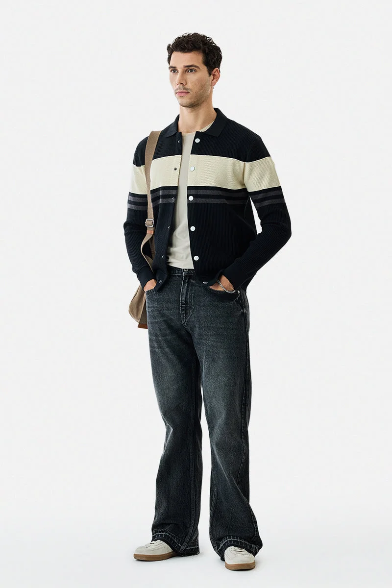 سنيتش Black Colour Blocked Long Sleeve Regular Fit Sweater