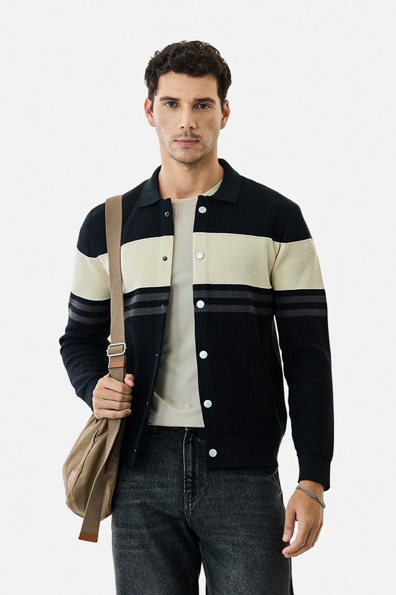 سنيتش Black Colour Blocked Long Sleeve Regular Fit Sweater