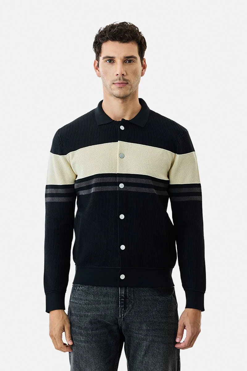 سنيتش Black Colour Blocked Long Sleeve Regular Fit Sweater